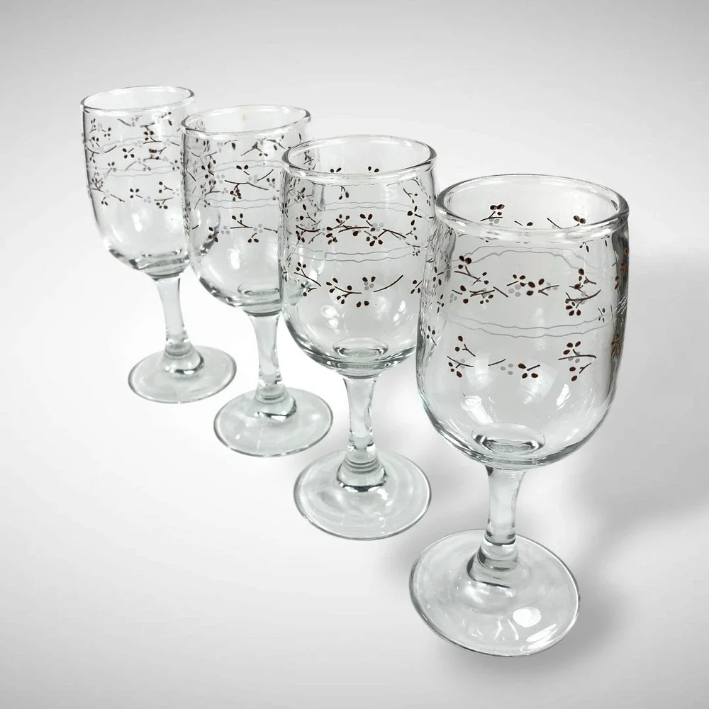 Anchor Hocking Country Accents Hawthorne Wine Glasses Set 4 Floral Goblets 1980s